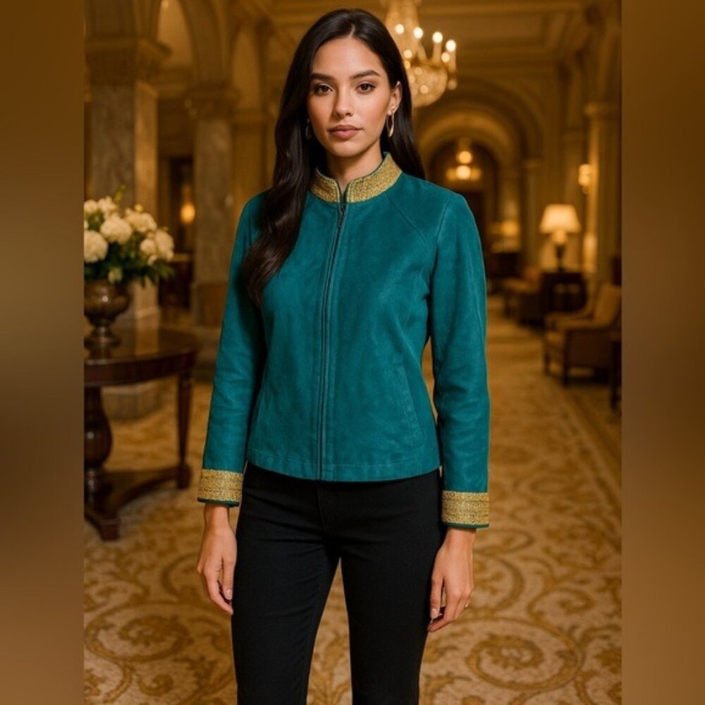 VTG JDS Collection Teal Suede Zip Jacket Gold Trim Women’s Size Small Elegant